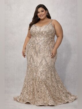 Fashion Nova Plus Size Champagne Beaded Evening Gown Size 3XL